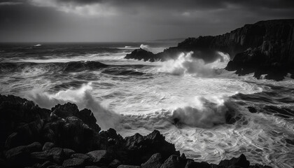 Obraz premium Breaking waves crash against rocky coastline, dramatic monochrome seascape generated by AI