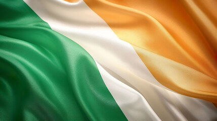 Republic of Ireland tricolour silk fabric flag with ripples background. A.I. Generated.