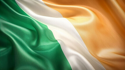 Republic of Ireland tricolour silk fabric flag with ripples background. A.I. Generated.