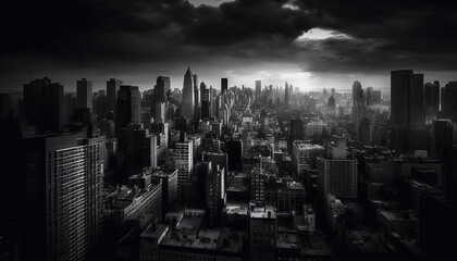 A panoramic black and white cityscape at dusk, futuristic architecture generated by AI