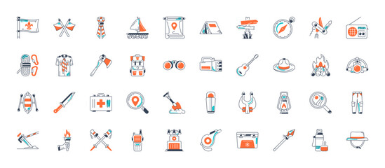 set of 40 scouts icons. Solid icons such as tent, shore, beanie, animal, life vest, fleur de lis, wristwatch and more
