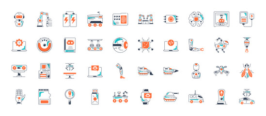 Robotic icon set. Machine learning icons. Robotics, iot, biometric, device, chip, robot, cloud computing and automation icon. Vector illustration. 
