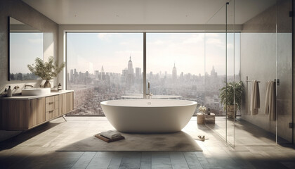 Fototapeta na wymiar Modern luxury bathroom with marble flooring, elegant design and cityscape view generated by AI