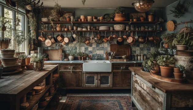 Rustic kitchen decor with modern elegance, no people in sight generated by AI