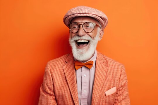 a stylishly dressed positive elderly person laughing against a bright background