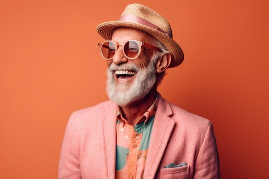 a stylishly dressed positive elderly person laughing against a bright background