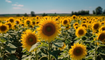 The vibrant sunflower blossom illuminates the idyllic rural meadow landscape generated by AI