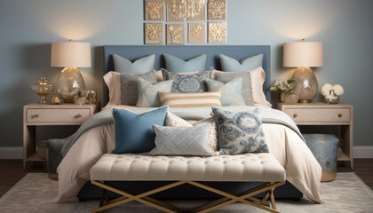 Modern luxury bedroom with comfortable bedding and elegant design decor generated by AI