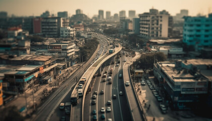Fototapeta na wymiar Rush hour traffic blurs city skyline, illuminated by street lights generated by AI