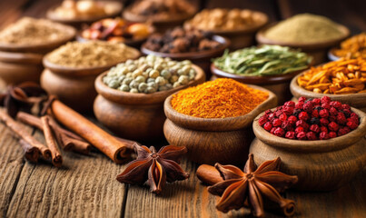 Various aromatic colorful spices and herbs. Ingredients for cooking. Ayurveda treatments.