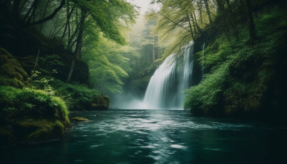 Fototapeta na wymiar Tranquil scene of flowing water in tropical rainforest, natural beauty generated by AI