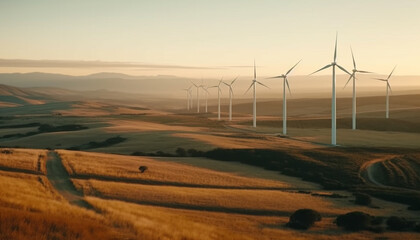 Silhouette of wind turbines spinning in sunset, powering sustainable resources generated by AI