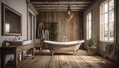 Naklejka na ściany i meble Modern elegance in a rustic domestic bathroom with wooden fixtures generated by AI