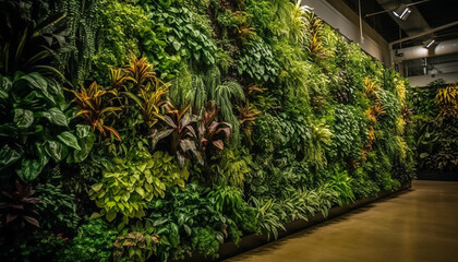Vibrant green foliage decorates modern indoor space with tropical freshness generated by AI