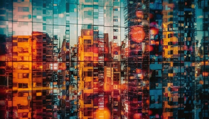 Futuristic skyscraper illuminates city skyline with multi colored abstract patterns generated by AI