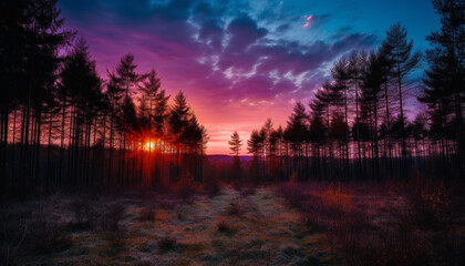 Fototapeta na wymiar Silhouette of pine tree back lit by orange sunset sky generated by AI