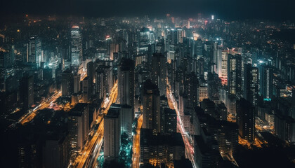 Fototapeta na wymiar Modern skyscrapers illuminate the crowded city skyline at dusk generated by AI
