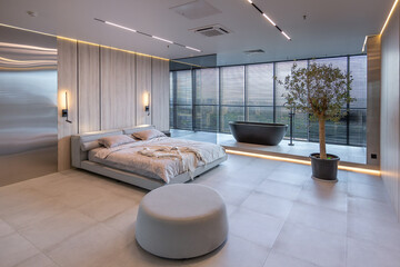 modern minimalistic soft design room interior in Japanese style in beige and black colors. stylishly detached bathroom by a huge panoramic window with blinds