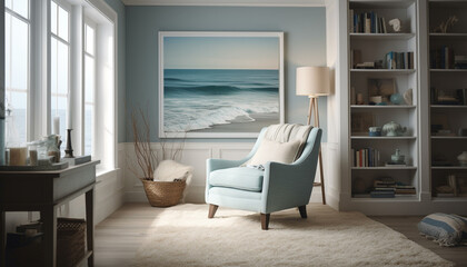 Fototapeta na wymiar Cozy modern apartment with comfortable sofa, elegant armchair, and bookshelf generated by AI