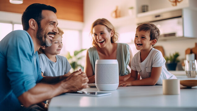 Smart AI speaker concept Happy Family talk to voice assistant at home and feel happy having fun. technology and internet concept Happy father, mother and children
