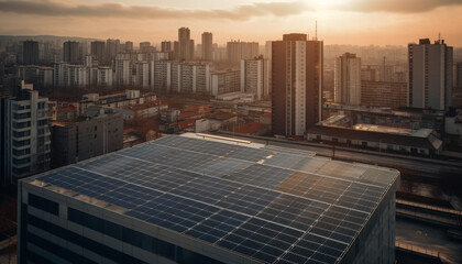 Sunset cityscape powered by solar energy, a sustainable innovation generated by AI