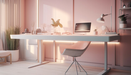 Modern office design with elegant wood furniture and bright lighting generated by AI