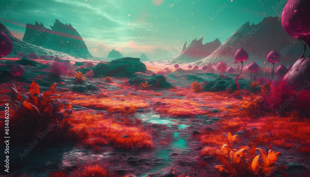 Poster alien spaceship explores deep underwater reef in a spooky adventure generated by ai