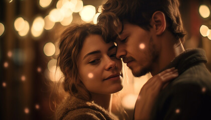 A young couple embraces under the winter night illuminated beauty generated by AI