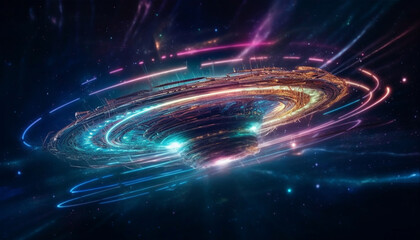 Futuristic spaceship orbits galaxy, transmitting data from deep space generated by AI