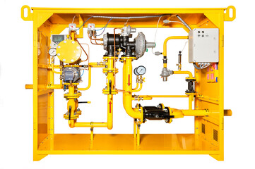 The gas control station is a fully finished product for reducing gas pressure. The image is isolated on a white background.
