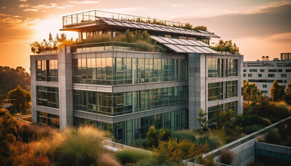 A futuristic skyscraper reflects the sunset in the modern cityscape generated by AI