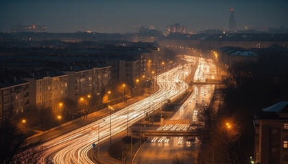 Fototapeta na wymiar Beijing rush hour cars speed through illuminated city streets at dusk generated by AI