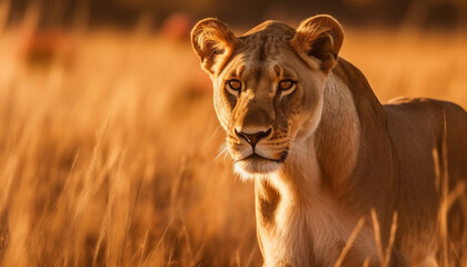 Majestic lioness resting in the savannah, beauty in nature captured generated by AI - obrazy, fototapety, plakaty