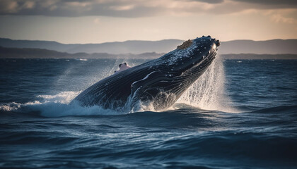 Obraz premium A majestic humpback breaches, splashing in the blue sea spray generated by AI