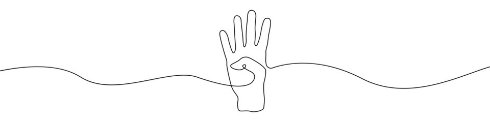 Hand sign icon line continuous drawing vector. One line Fingers icon vector background. Four fingers icon. Continuous outline of a Four fingers icon.