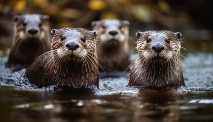 A playful seal looking at camera, swimming in blue water generated by AI