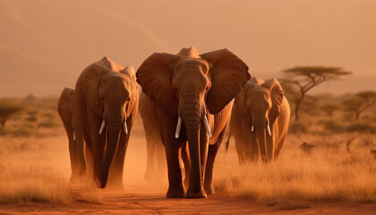 Fototapeta na wymiar African elephant herd walking in a row at sunset safari generated by AI