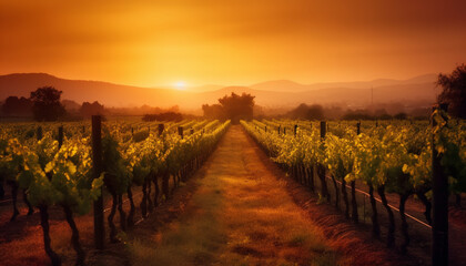 Fototapeta premium Harvesting ripe grapes in a tranquil Italian vineyard at dawn generated by AI
