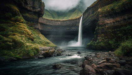 Tranquil scene Majestic mountain range, flowing water, green trees, fresh air generated by AI