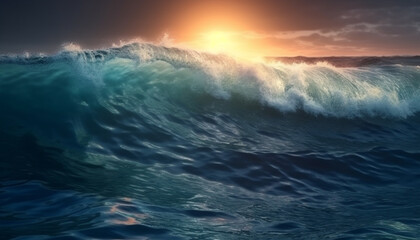 Fototapeta na wymiar Breaking surf crashes majestically on idyllic tropical coastline at dusk generated by AI