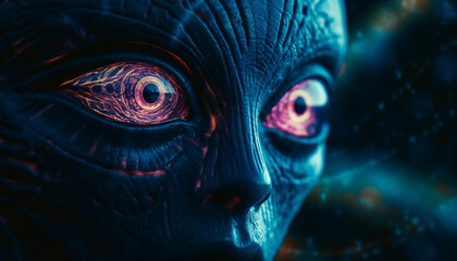 A spooky cyborg alien looks at camera in futuristic horror generated by AI