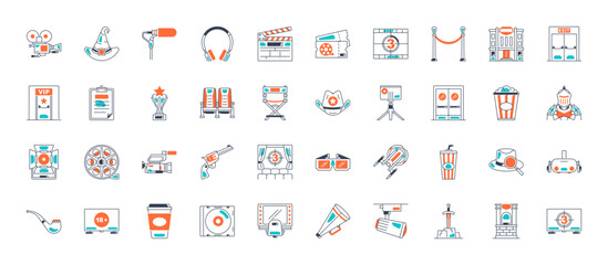 Simple Set of Cinema Related Vector Line Icons. Contains such Icons as Movie Theater, TV, Popcorn, Video Clip and more. 
