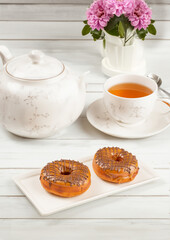 cup of tea with chocolate donut