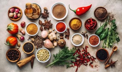 Fototapeta na wymiar Various aromatic colorful spices and herbs. Ingredients for cooking. Ayurveda treatments.