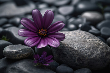 Obraz na płótnie Canvas Beautiful purple flower sticking out between rocks on the surface. Purple violet flower grow among large stones. Realistic 3D illustration. Generative AI