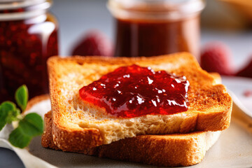 Toast with jam on the table. Breakfast. Generative AI technology.