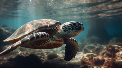 Obraz premium Sea turtle in the sea. Generative AI