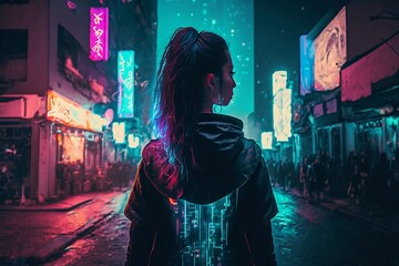 Beautiful young cyberpunk woman on neon city street. Created with Generative AI technology