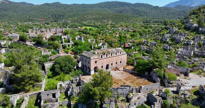 Drone Footage of Abandoned Stone Buildings in Kayak&ouml;y, Fethiye, Muğla, Turkey