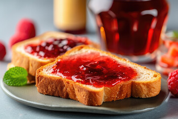 Toast with jam on the table. Breakfast. Generative AI technology. - obrazy, fototapety, plakaty